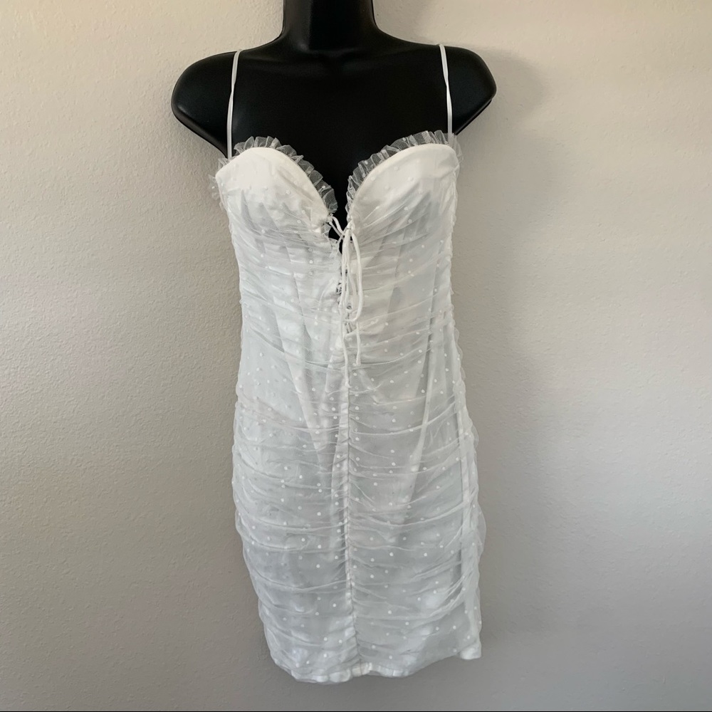 Princess Polly Ayesha White Ruched Polka Dot Ruched Lace Tie Bust Mini Dress - Picture 4 of 13
